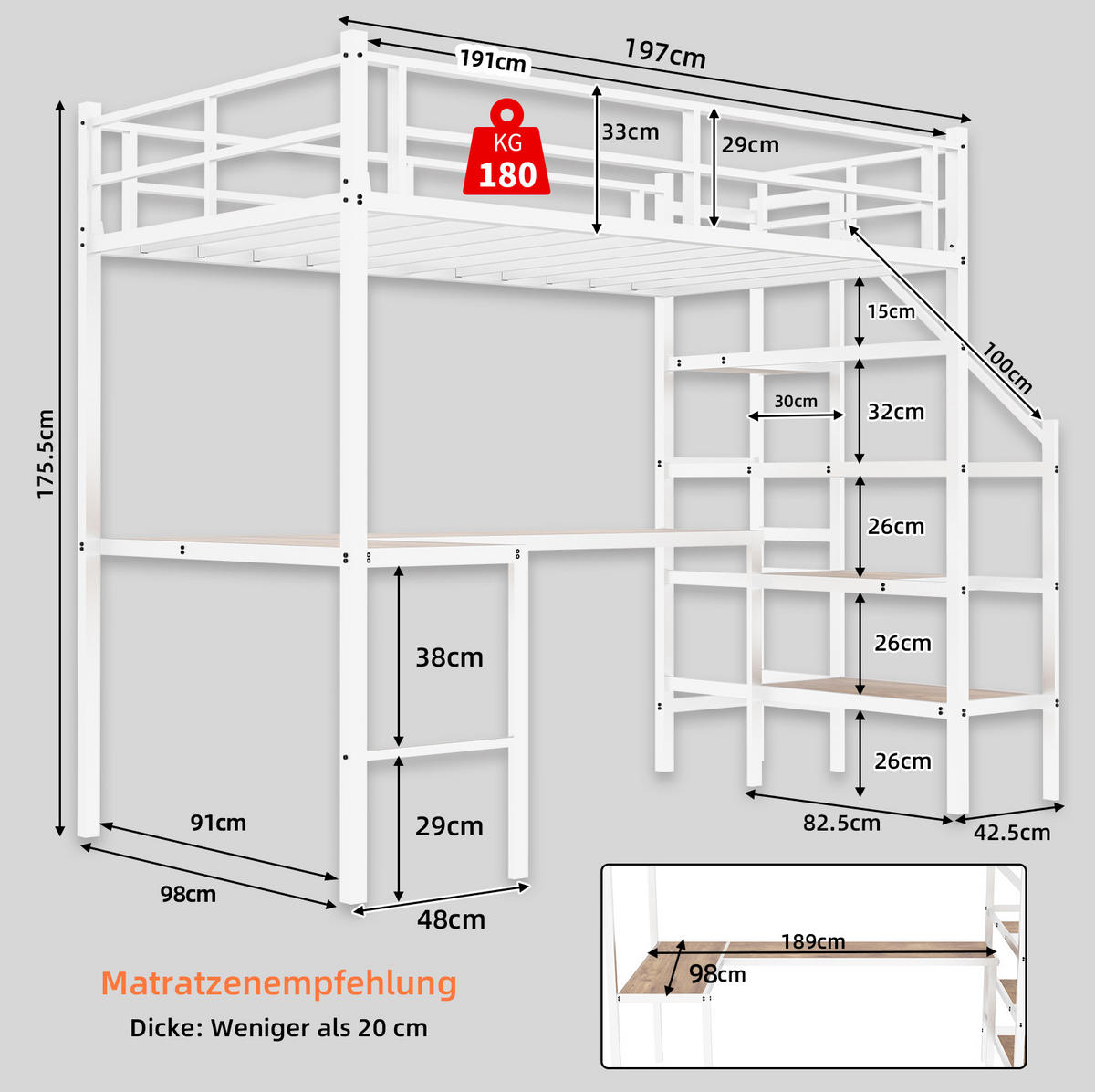 HOCHBETT 90/200 cm mit L-förmigem Schreibtisch, Treppe, Stauraum und umlaufendem Geländer, Weiß - Weiß, Metall (90/200cm) - Redom