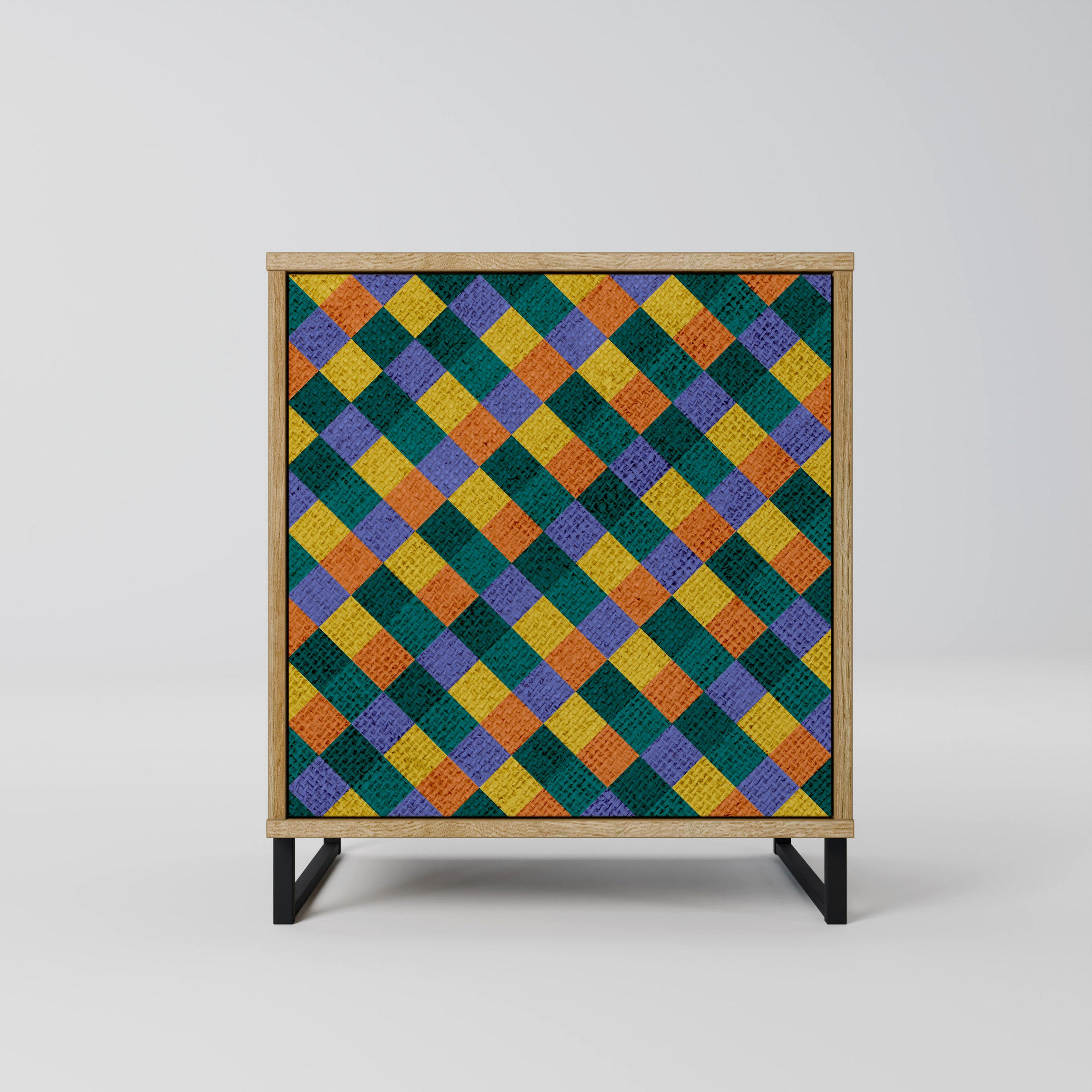 SIDEBOARD PAINTED SQUARES MIX, Eichefarben, 57,5x42x67,5 cm, Schwarze Metall-Rahmenfüße - Eichefarben/Multicolor, Holzwerkstoff/Metall (57.5/67.5/42cm) - SpaceRebels