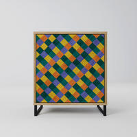 SIDEBOARD PAINTED SQUARES MIX, Eichefarben, 57,5x42x67,5 cm, Schwarze Metall-Rahmenfüße - Eichefarben/Multicolor, Holzwerkstoff/Metall (57.5/67.5/42cm) - SpaceRebels