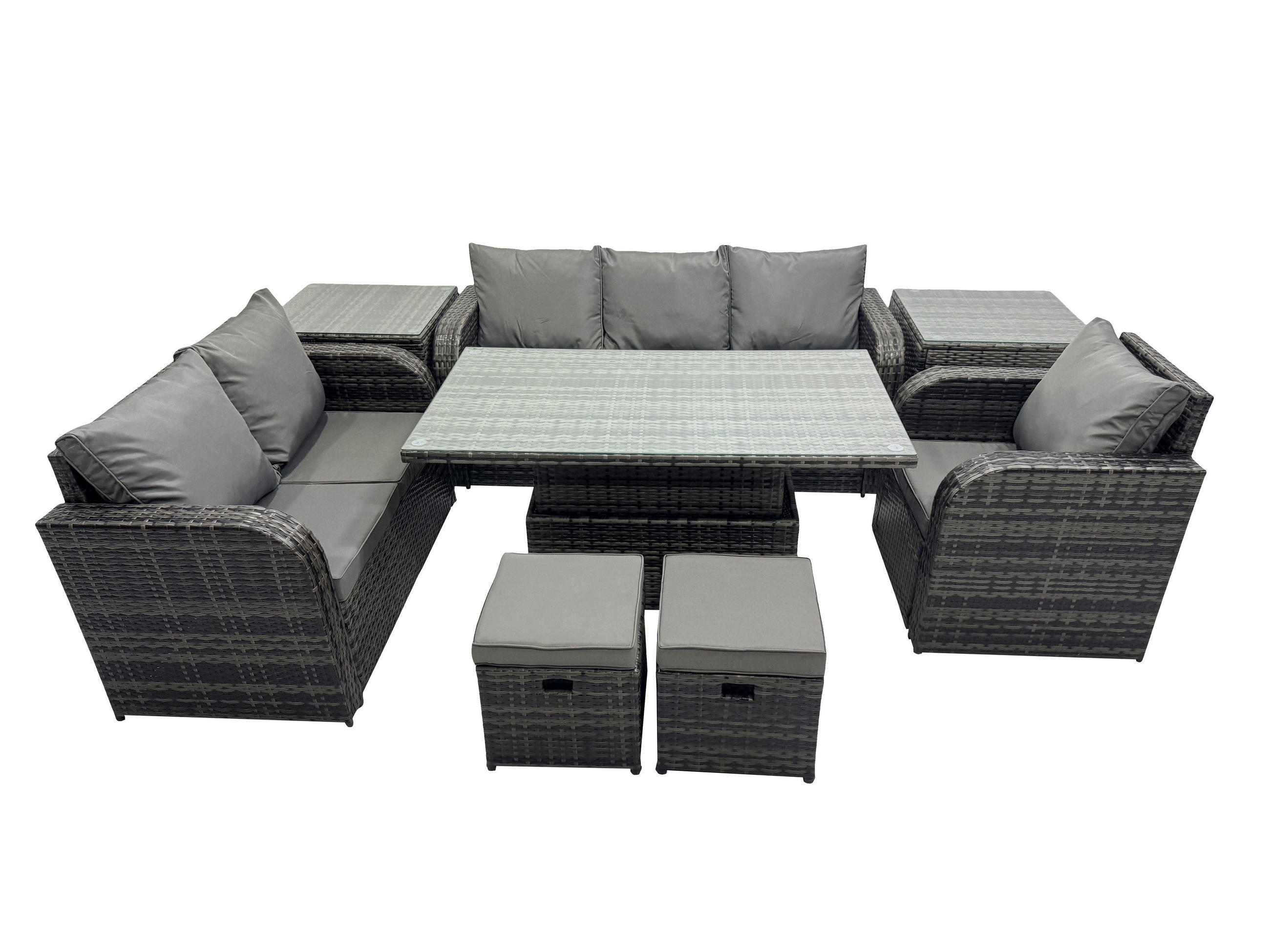 GARTENMÖBEL SET mit Höhenverstellbarer Esstisch,Beistelltisch 8-Sitzer Grau - Dunkelgrau/Grau, Glas/Kunststoff - Fimous