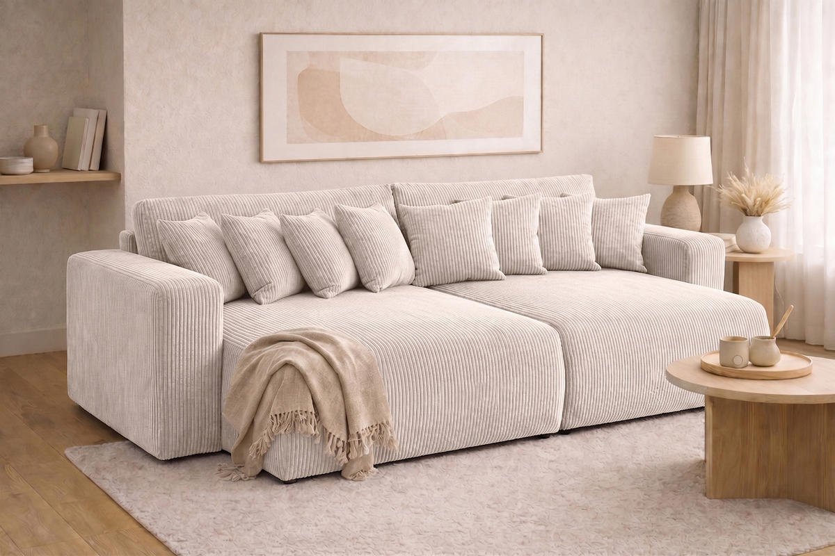 SCHLAFSOFA, Cordstoff Poso, Beige, PIANO DOUBLE - Creme, Holz (246/83/145cm) - Kaiser Möbel