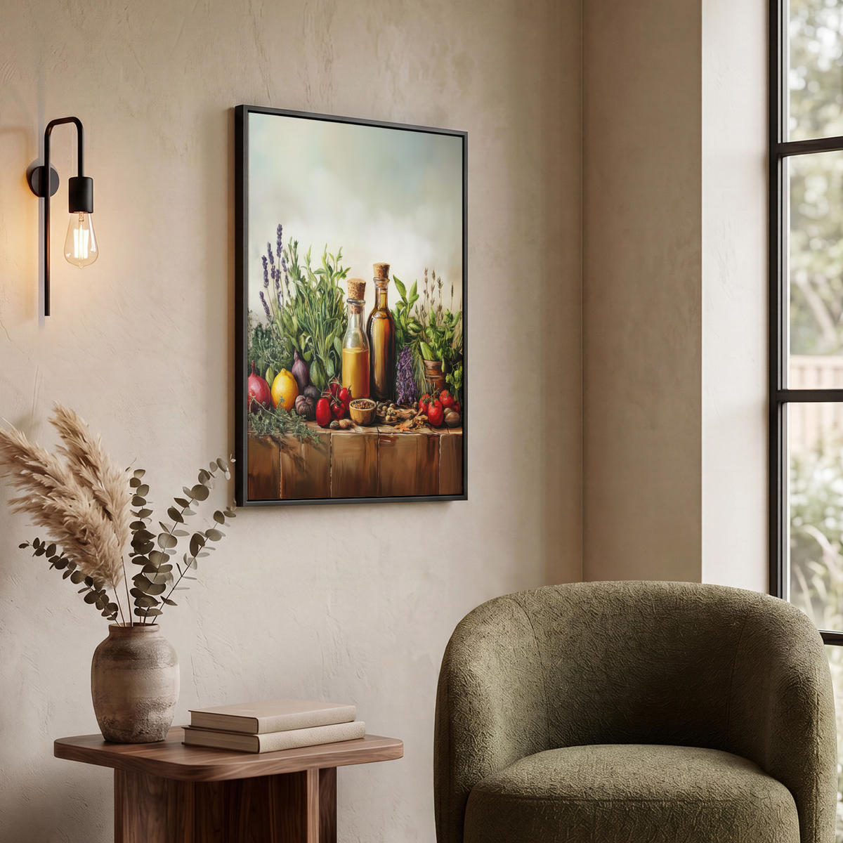 LEINWAND Bilder mit Rahmen - Stilleben - Kräuter - Gewürze - Früchte - Farbenfroh - 50x70 - Grün, Textil (50/70cm) - MuchoWow