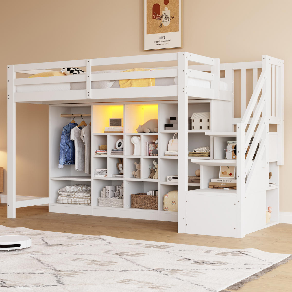 HOCHBETT 90/200 cm DE-01520, in Weiß, mit Stauraumschränken, Kleiderschrank und LED-Beleuchtung - Weiß, Holz (90/200cm) - ComfortXL