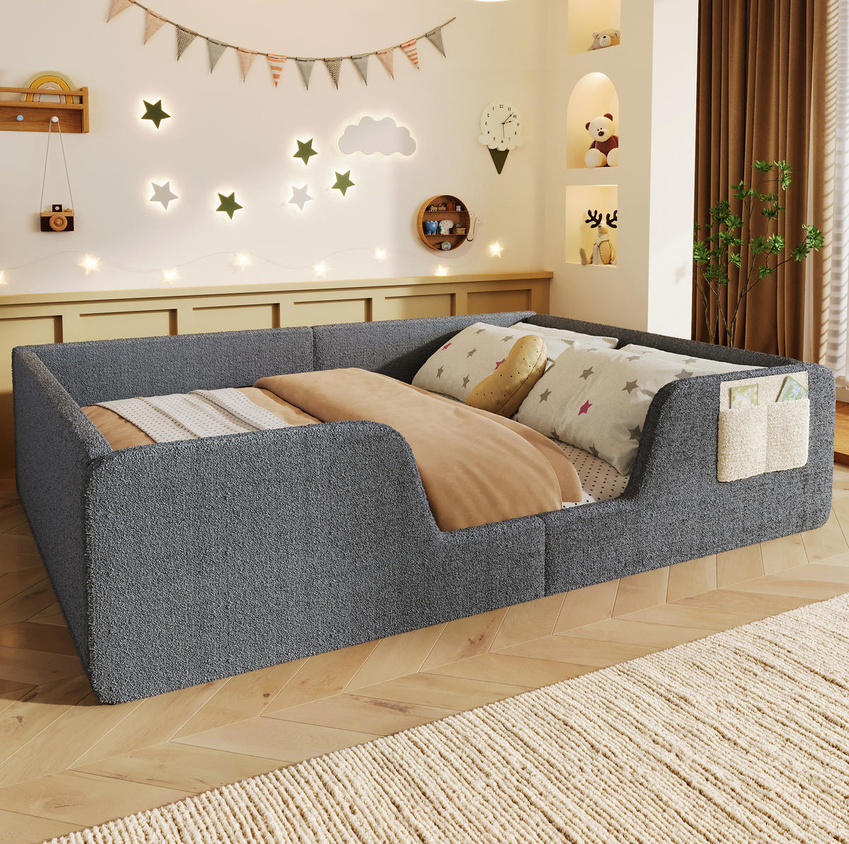 POLSTERBETT 140/200 cm grau aus Velours mit abnehmbaren Seitengittern - Grau, Textil (140/190cm) - OKWISH