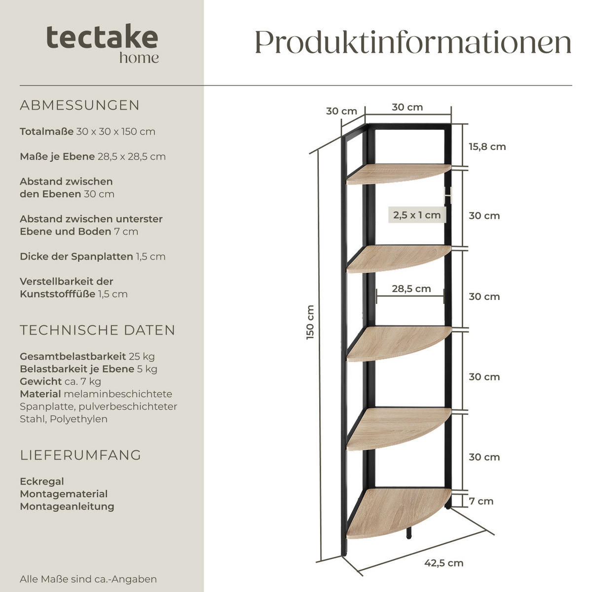 ECKREGAL Castlebar ,inklusive Kippschutz, 30 x 30 x 150 cm,Industrial Holz hell, Eiche Sonoma - Naturfarben, Holzwerkstoff (30/150/30cm) - tectake