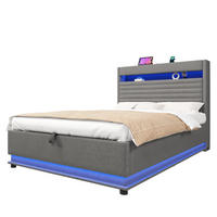 POLSTERBETT 140/200 cm aus Leinen mit LED, USB-C und Stauraum Grau - Flieder, Textil (140/200cm) - Modenvie