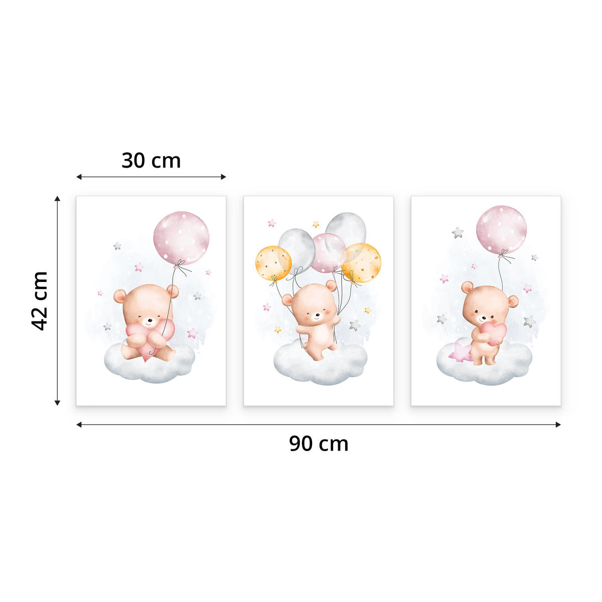 SADA PLAGÁTOV Do Detskej Izby Mackovia Oblaky Balóny Hviezdy 3x Plagát A3 30 x 42 cm - oranžová/hnedá, papier (30/42/1cm) - Muralo