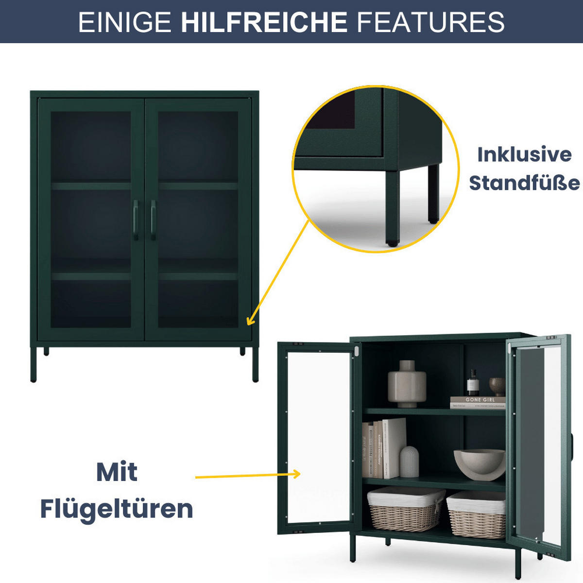 VITRINENSCHRANK Wohnzimmer klein EKER 101,5x80x40cm Dunkelgrün - Dunkelgrün, Metall (80/101.5/40cm) - DELUKE