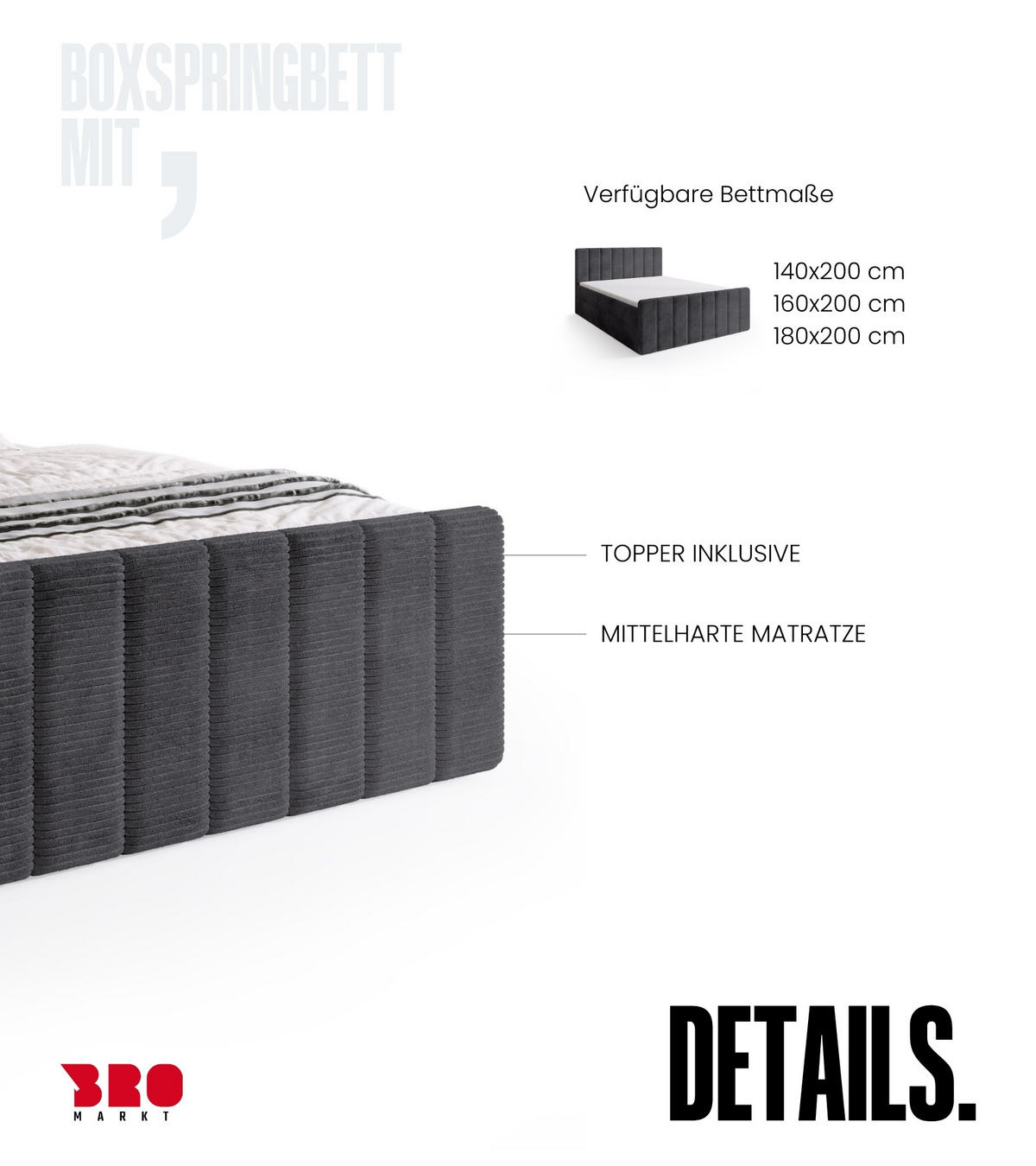 BOXSPRINGBETT Denver DUO mit Topper 160x200 Dunkelgrau - Grau, Textil (160/200cm) - Bromarkt