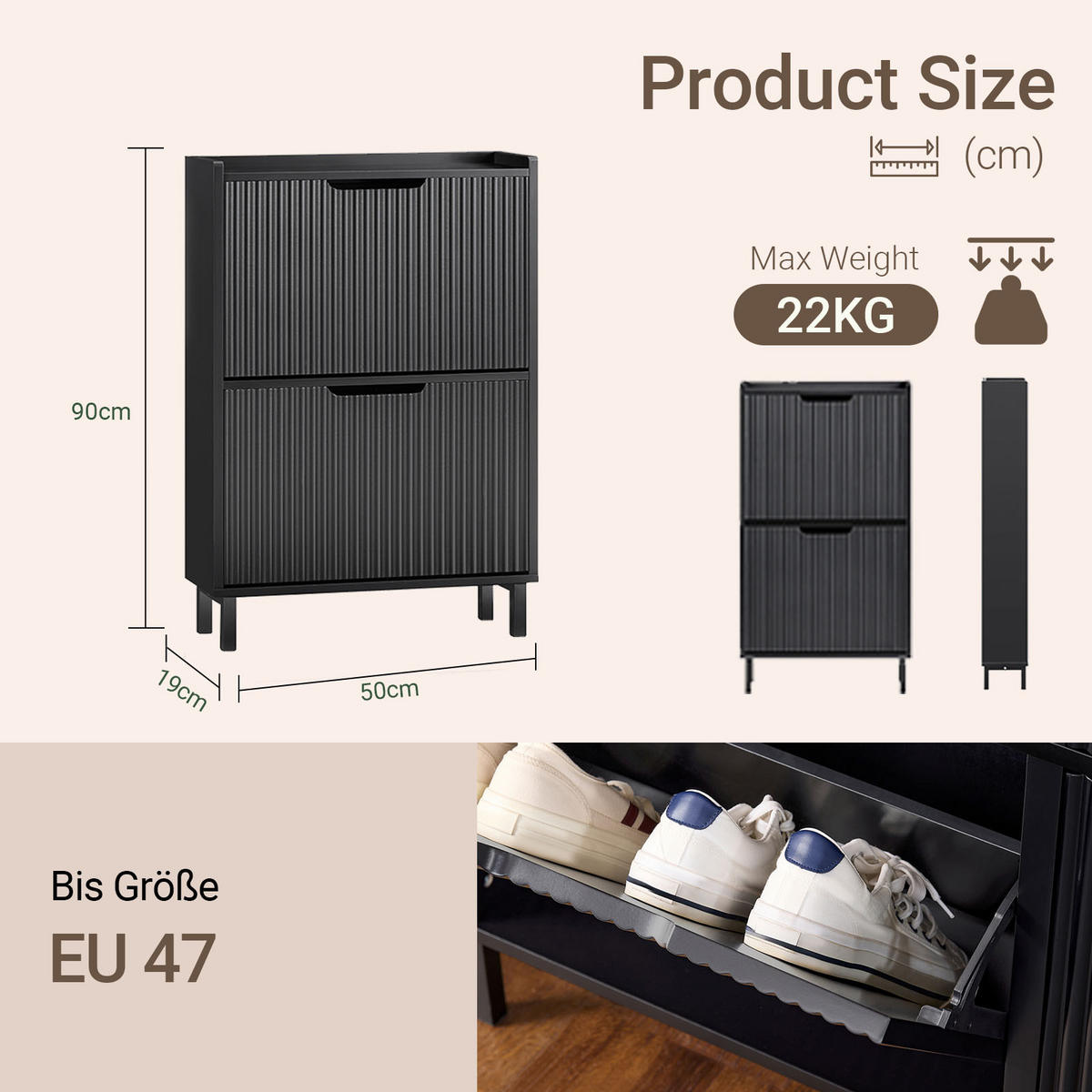 COMODĂ de intrare cu două sertare tip pantofar - negru, compozit lemnos/metal (50/90/19cm) - SoBuy