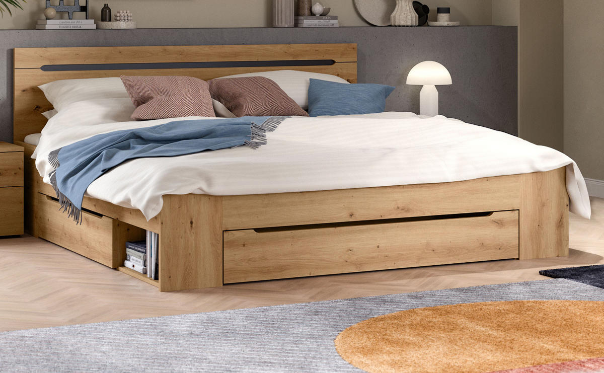 BETT Eiche, grau Liegefläche 180 x 200 cm, Doppelbett mit 3x Bettschubkasten - Eiche Artisan/Grau, Holzwerkstoff/Metall - Inn.Furn