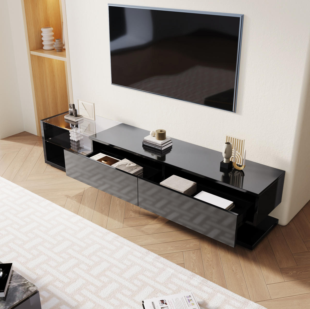 TV-SCHRANK in Schwarz Hochglanz mit 2 Schubladen und LED 170/38/36 cm - Schwarz, Holzwerkstoff (170/38/36cm) - Redom