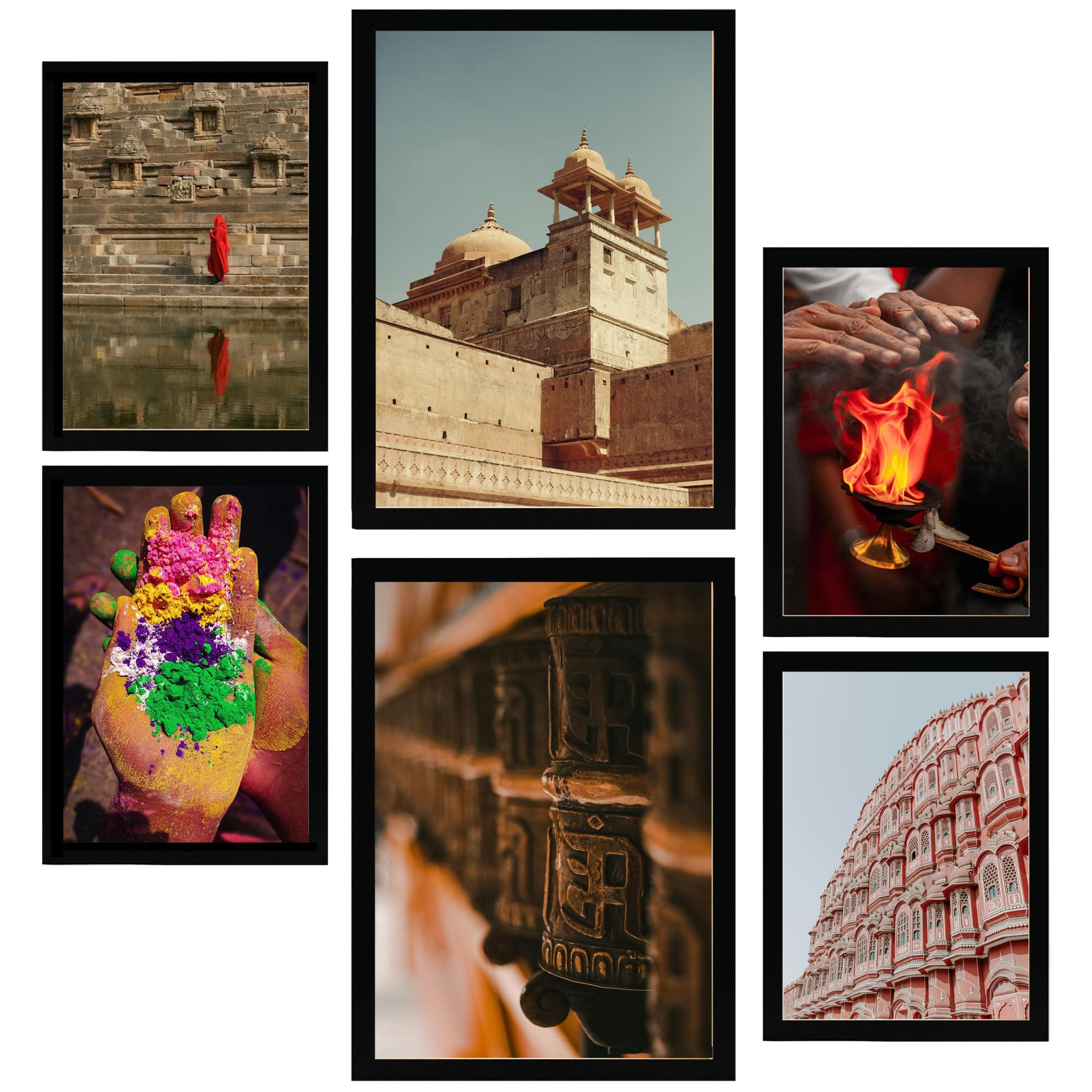 POSTER Set Mit 6 Fotografien Aus Indien & Asien A3 & A4 Schwarzer Rahmen - Schwarz, Papier (29/3cm) - Nacnic
