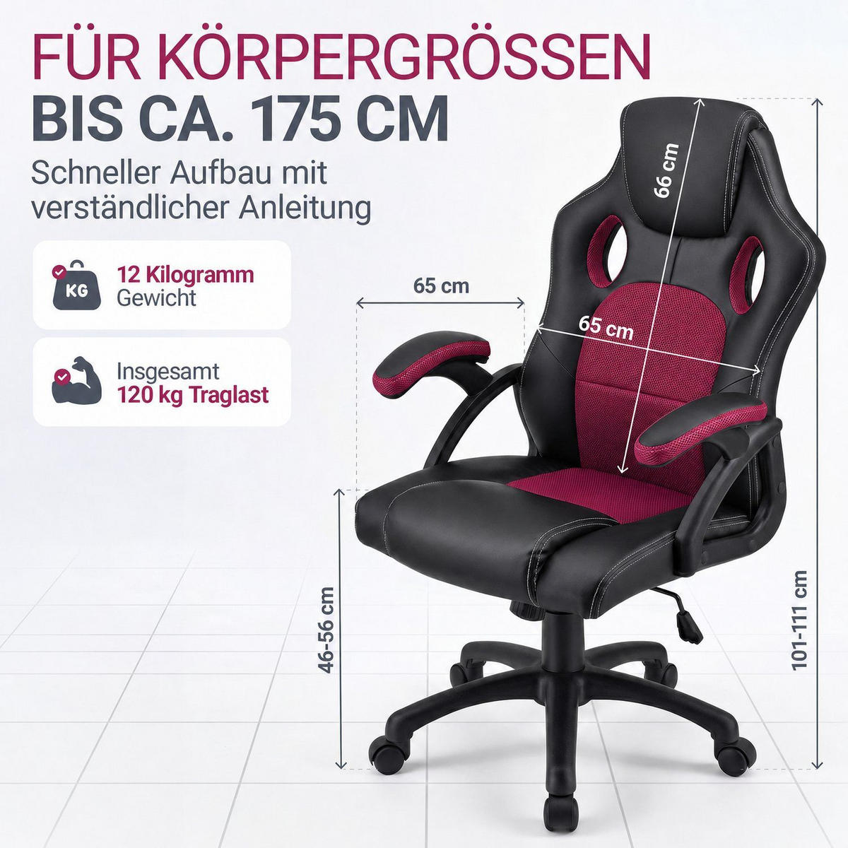 SCHREIBTISCHSTUHL Montreal bordeaux - Bordeaux, Textil (47/111/52cm) - Juskys