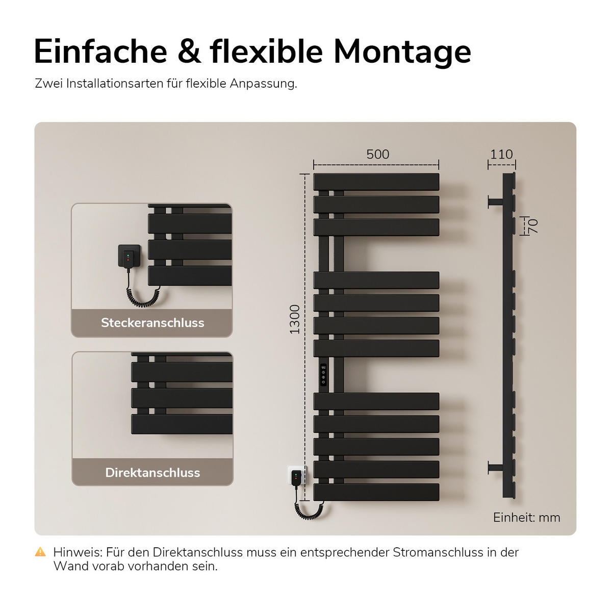 RADIJATOR Električni WiFi termostat Crni 130/50 cm - crna, metal (50/130/11cm) - EMKE
