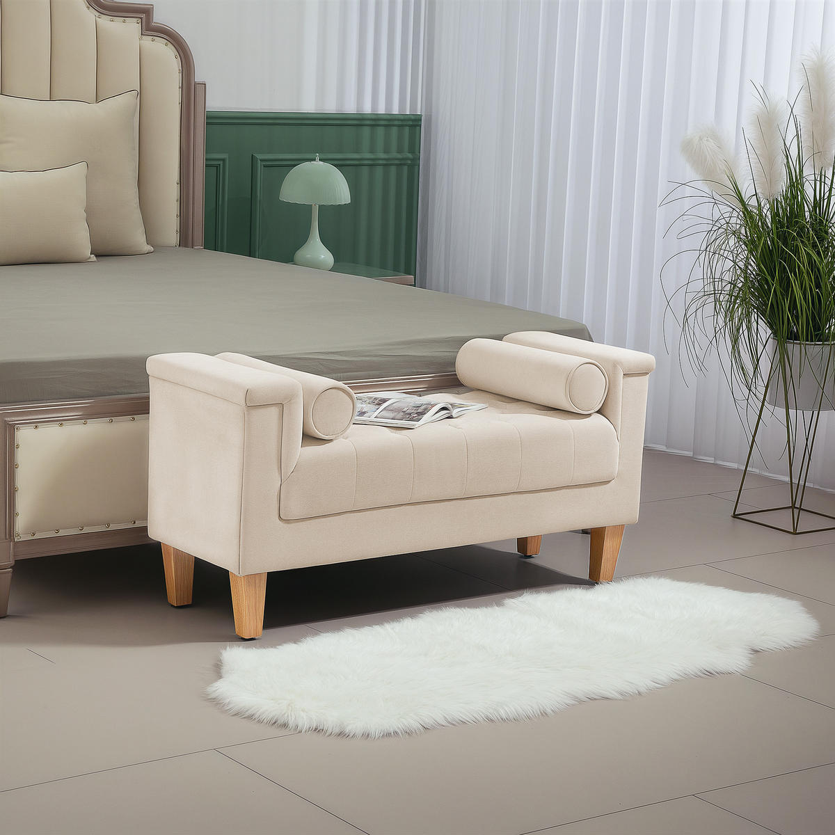 SITZBANK Polsterbank mit Chenille-Bezug, Armlehne, Holzrahmen 115x44x58 cm Beige - Beige, Textil (44/58/115cm) - HOMCOM
