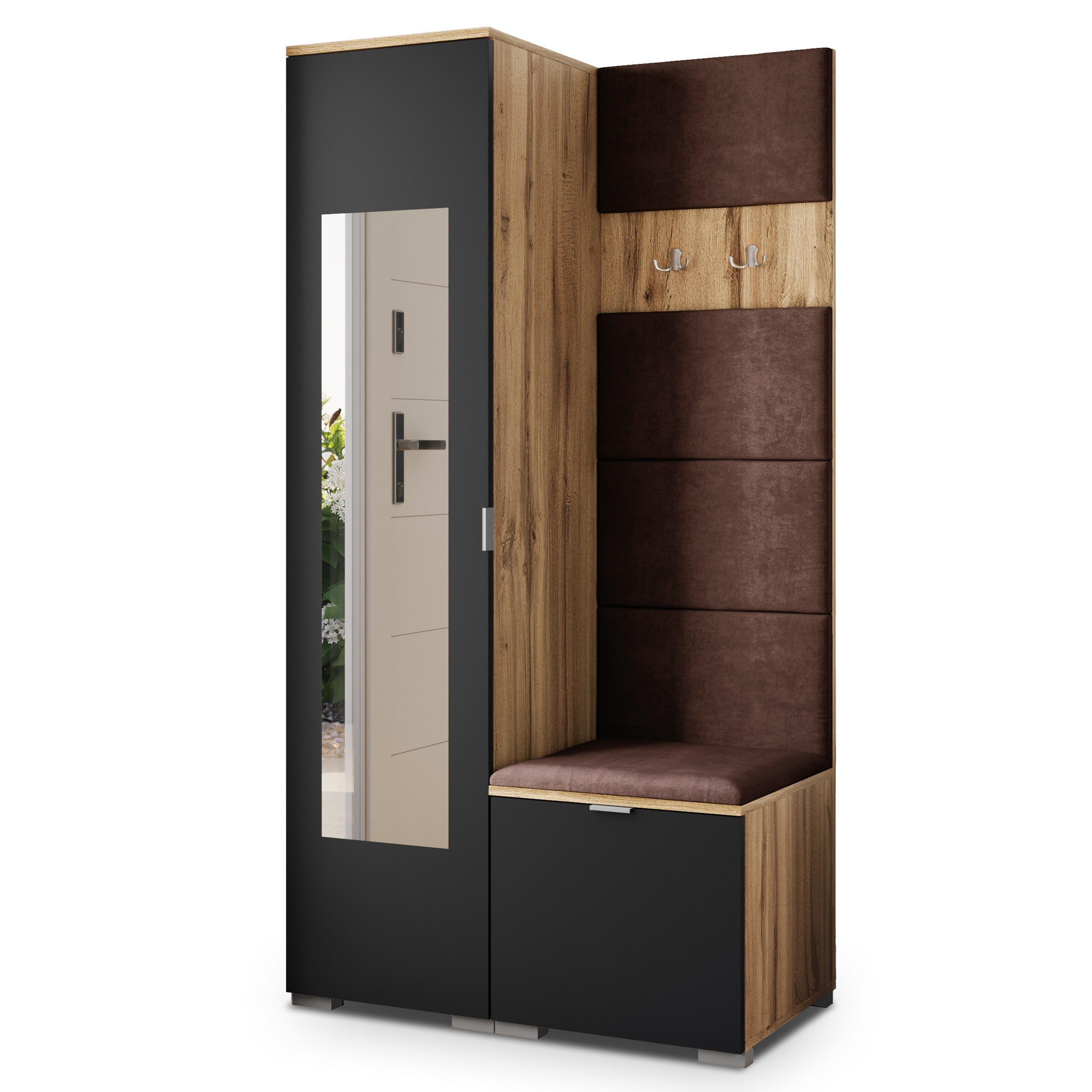 Masseno Garderobenschrank Eiche Wotan, Schwarz, Braun 95x181x51 cm