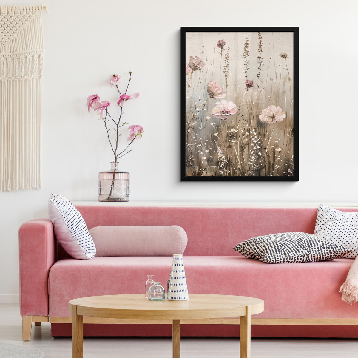 GERAHMTES BILD Blumen - Rosa - Modern - Beige 60x80 cm - Beige, Papier (60/80cm) - MuchoWow