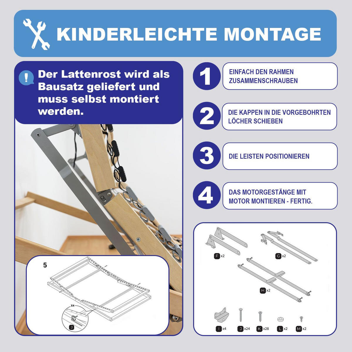 LATTENROST ERGO KF MIT MOTOR 80 x 200 cm Kopf-Fußteil verstellbar, Selbstmontage - Naturfarben, Holz (80/200cm) - Coemo