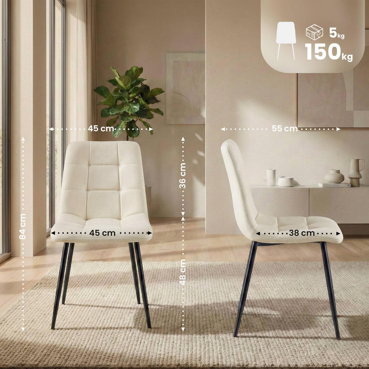 STUHL 4er Set Stoff Creme - Creme/Schwarz, Textil/Metall (45/84/55cm) - CLP