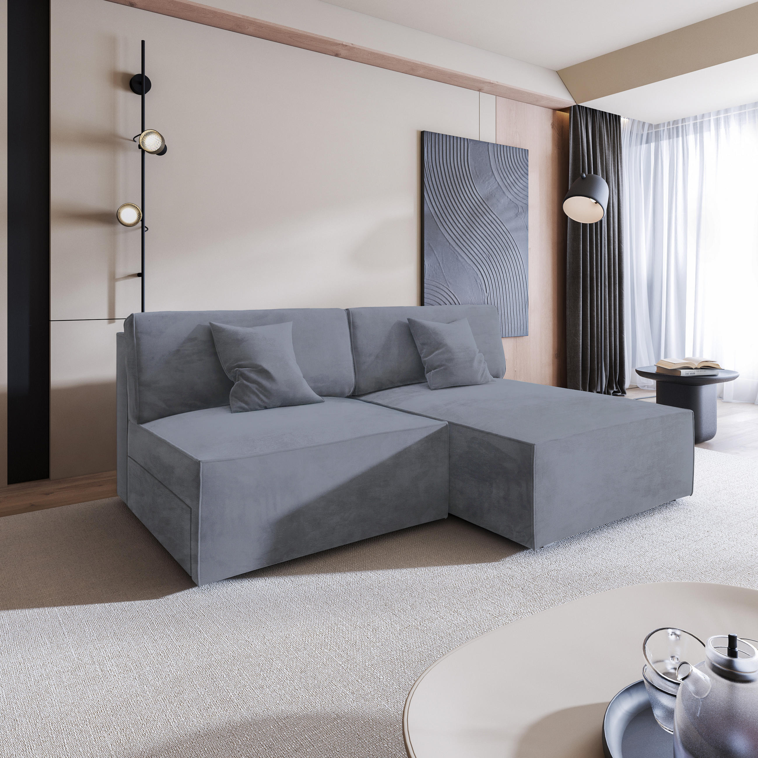ECKSOFA FIORO M Grau Velours-Stoff mit Schlaffunktion - Grau, Holz (204/148cm) - MASSENO