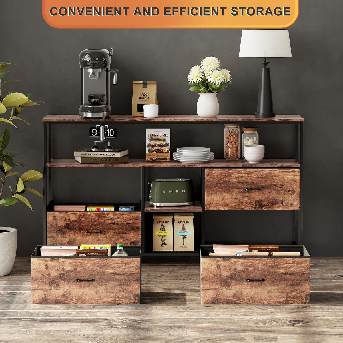 TV-SCHRANK 108 cm, LED, Holzoptik Tiger, 4 Stoffschubladen Vintage, Metallrahmen, höhenverstellbare Füße, Retro-modern - Nussbaumfarben, Holz (108/76.8/29.8cm) - EuroLiving