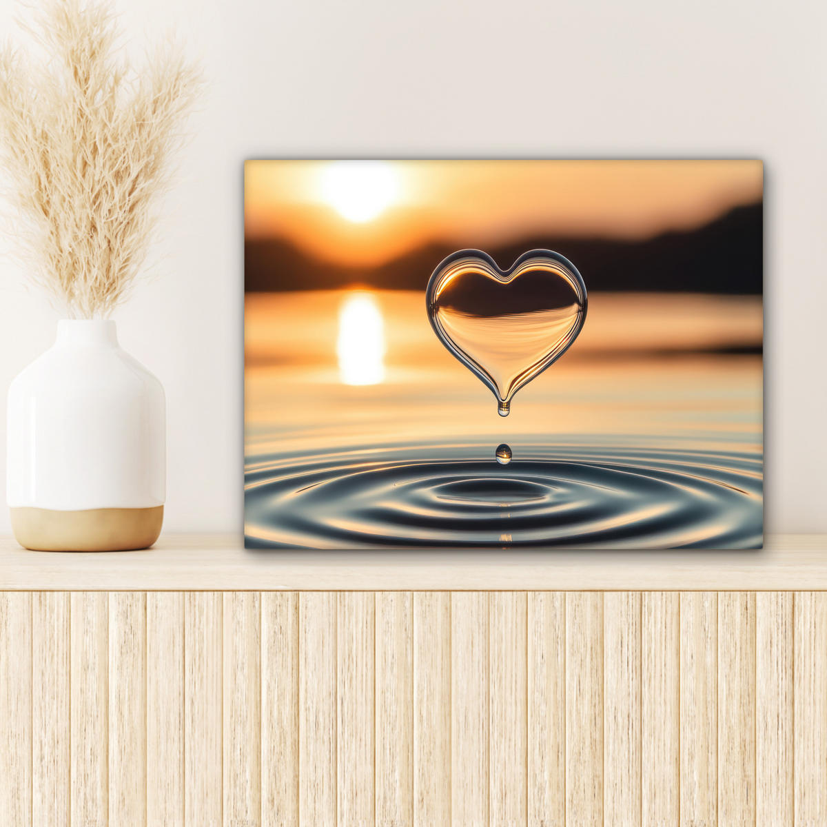 LEINWANDBILD - Herz - Wasser - Sonnenuntergang - Natur - Zen - 40x30 - Wanddeko - Bernsteinfarben, Textil (40/30cm) - MuchoWow