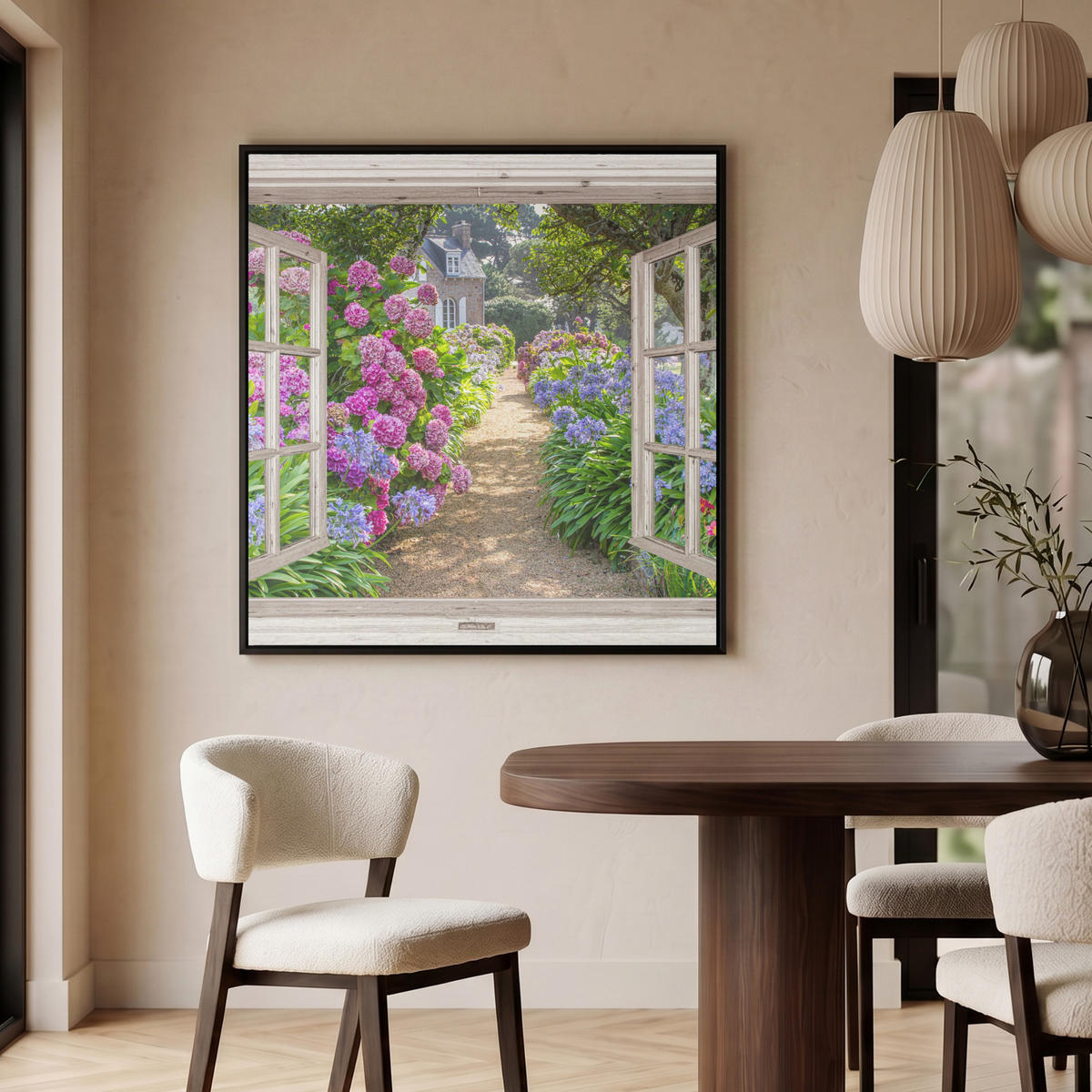 LEINWAND Bilder mit Rahmen - Hortensie - Durchsichtig - Blumen - Sommer - Lila - Weg - 90x90 - Lila, Textil (90/90cm) - MuchoWow