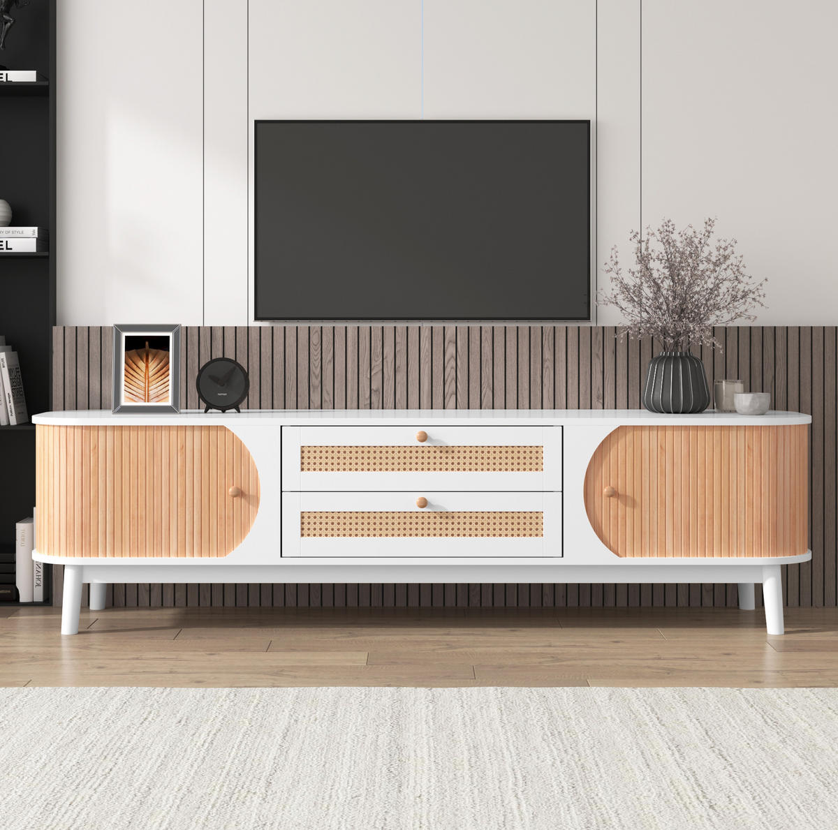 LOWBOARD 170/39,5/46 cm aus MDF mit Rattanfronten und Türen Weiß - Weiß, Holzwerkstoff (170/39.5/46cm) - Modenvie