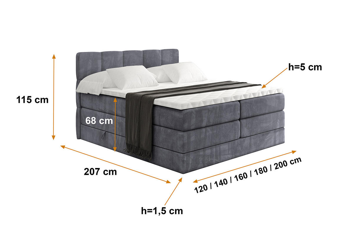 BOXSPRINGBETT mit Matratze H3|H4 und Lattenrost - LIRO KING-120x200 - Dunkelgrau Casablanca - Dunkelgrau, Holzwerkstoff (120/200cm) - ALTDECOR