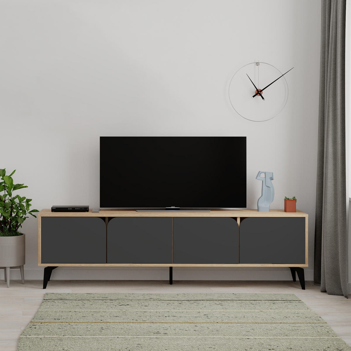 TV-MÖBEL 4 Türen mit Metallfüßen B180 cm - FLORA - Eschefarben, Holzwerkstoff (35.5/51/15.5cm) - Calicosy