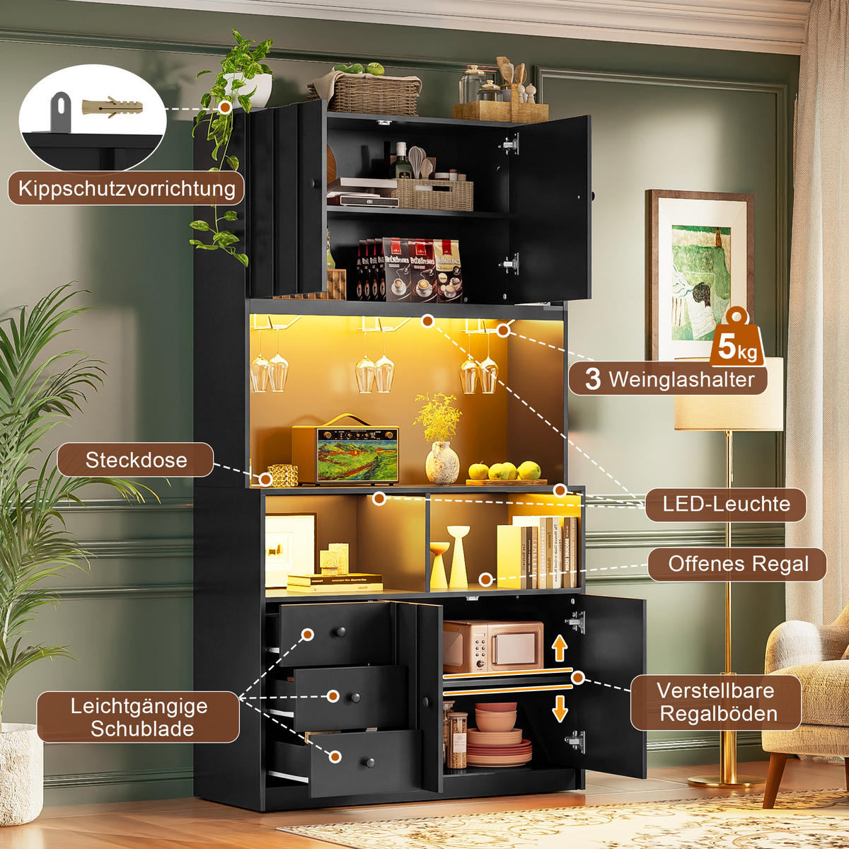 BUFFET DE-38715 100/40/180 cm LED-Beleuchtung und 3 Weinglashalter Schwarz - Schwarz, Holzwerkstoff (100/180/40cm) - ComfortXL