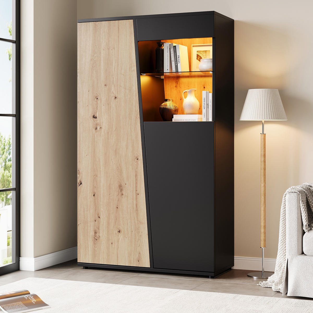 VITRINENSCHRANK 80/35/139,5 cm mit LED, Glastüren und verstellbaren Glasböden in Schwarz-Naturholzoptik - Schwarz/Naturfarben, Glas/Holzwerkstoff (80/139.5/35cm) - CHICFURN