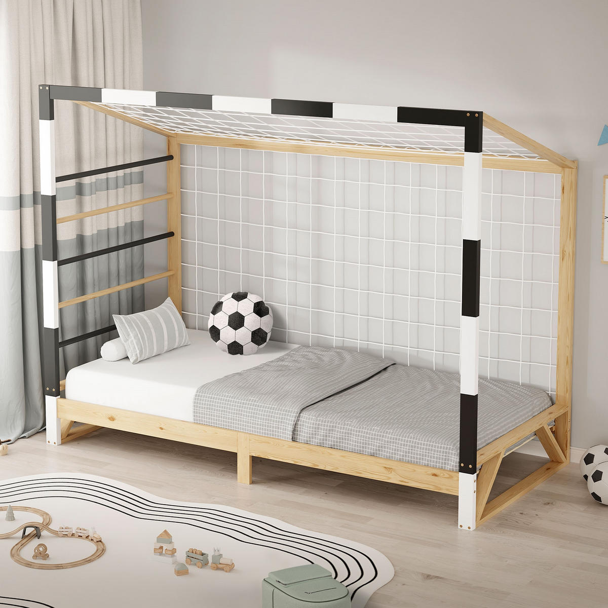 KINDERBETT Fußballtor 90x200 cm Schwarz-Weiß - Hellbraun, Holz (90/200cm) - ML-DESIGN
