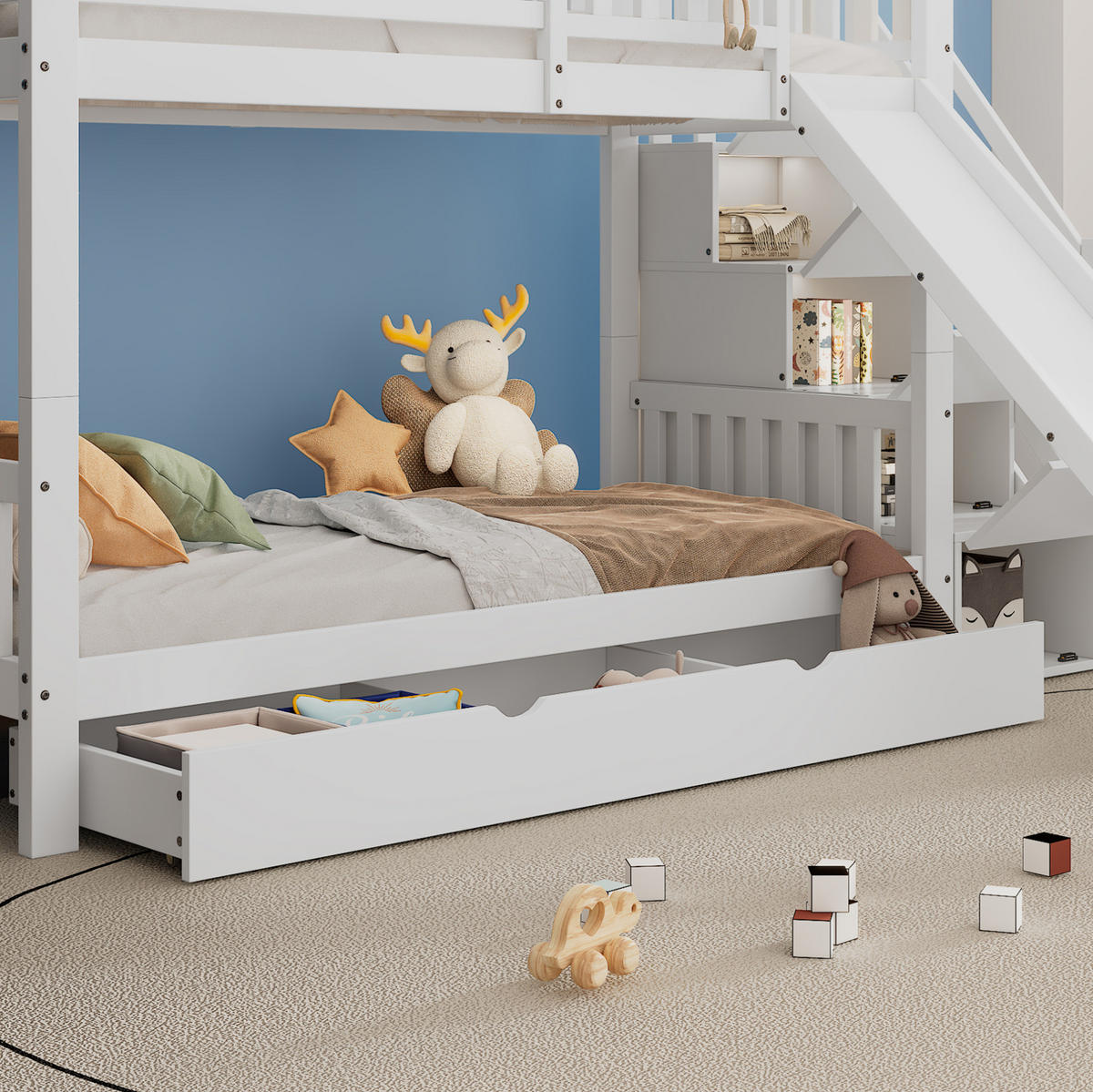 POSCHODOVÁ posteľ 90/200 cm biela so schodmi, šmykľavkou a úložným priestorom z masívneho dreva a MDF - biela, kompozitné drevo (90/200cm) - OKWISH