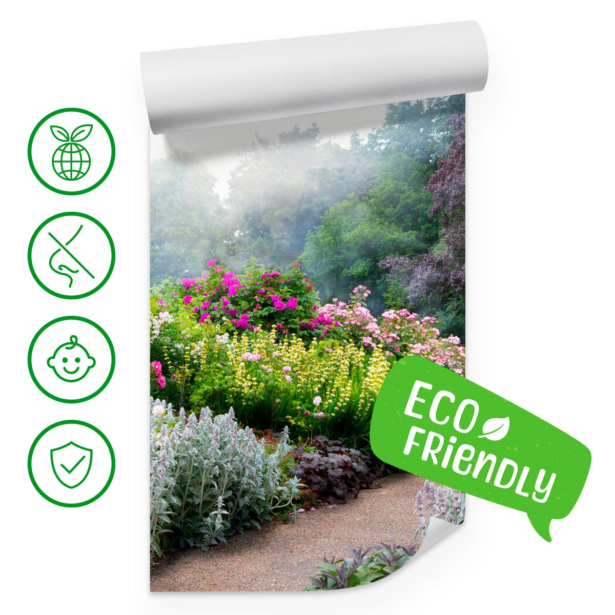 FOTOTAPETE für Schlafzimmer Bunte Blumen Waldweg Rosen Bäume 450x315 - Gelb/Violett, Papier (450/315cm) - Muralo