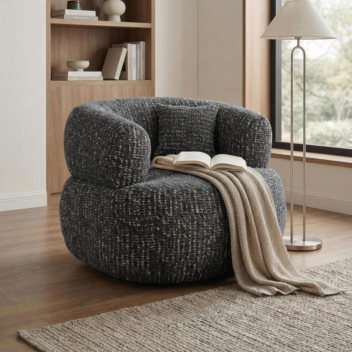 SESSEL Laila, Drehsessel mit runder Form, Schwarz, Geflecht-Stoff - Schwarz, Textil (95/75/97cm) - Beautysofa