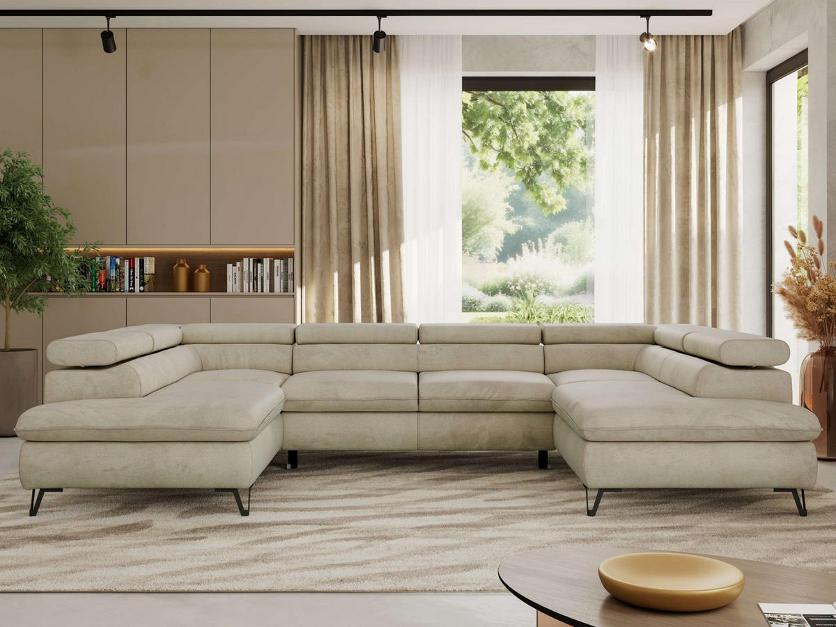 WOHNLANDSCHAFT PABLO U Velvet Beige mit Topper T25 - Beige/Schwarz, Textil/Metall (346/76/208cm) - MKS