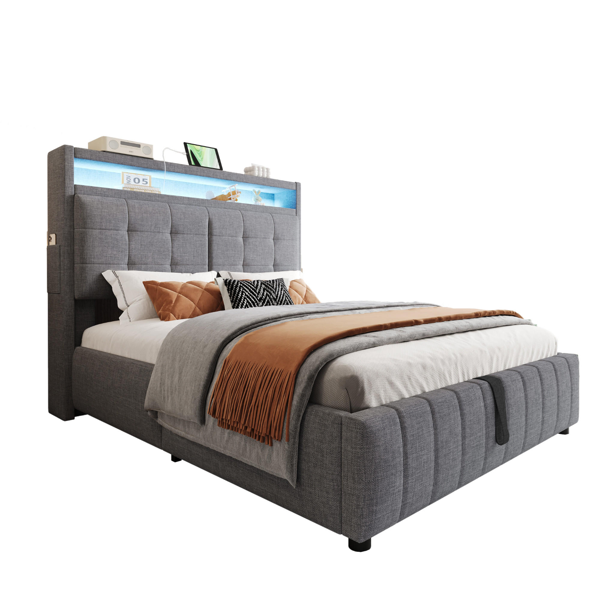 POLSTERBETT 140x200 cm Grau LED USB Stauraum Hydraulik Lattenrost - Grau, Holzwerkstoff - FLIEKS