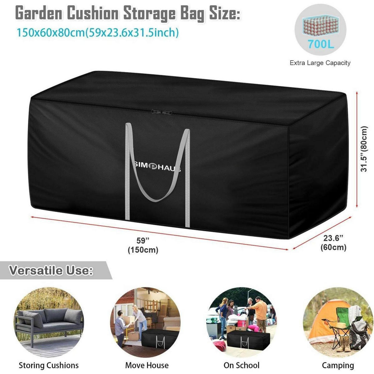 AUFBEWAHRUNGSTASCHE für Gartenauflagen 150 x 60 x 80 cm - Schwarz, Textil (60/80/150cm)