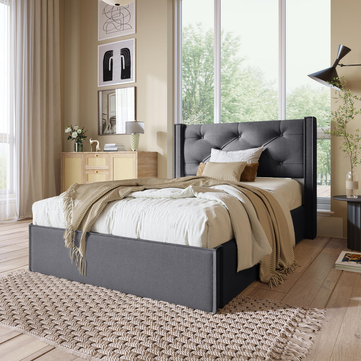 POLSTERBETT 90/200 cm Grau aus Baumwolle mit Stauraum und hochklappbarem Lattenrost - Grau, Textil (90/200cm) - OKWISH