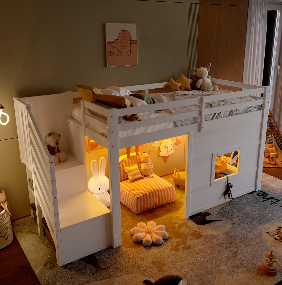 HOCHBETT 90/200 cm mit Stauraumtreppe, Fenster und LED-Beleuchtung aus Kiefer/MDF, Weiß - Weiß, Holzwerkstoff (90/200cm) - Redom
