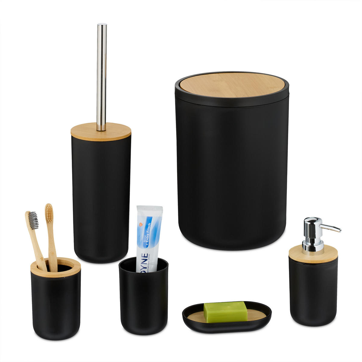 6-tlg.BADEZIMMER-SET - Multicolor, Holz/Kunststoff (19.5/27/19.5cm) - Relaxdays