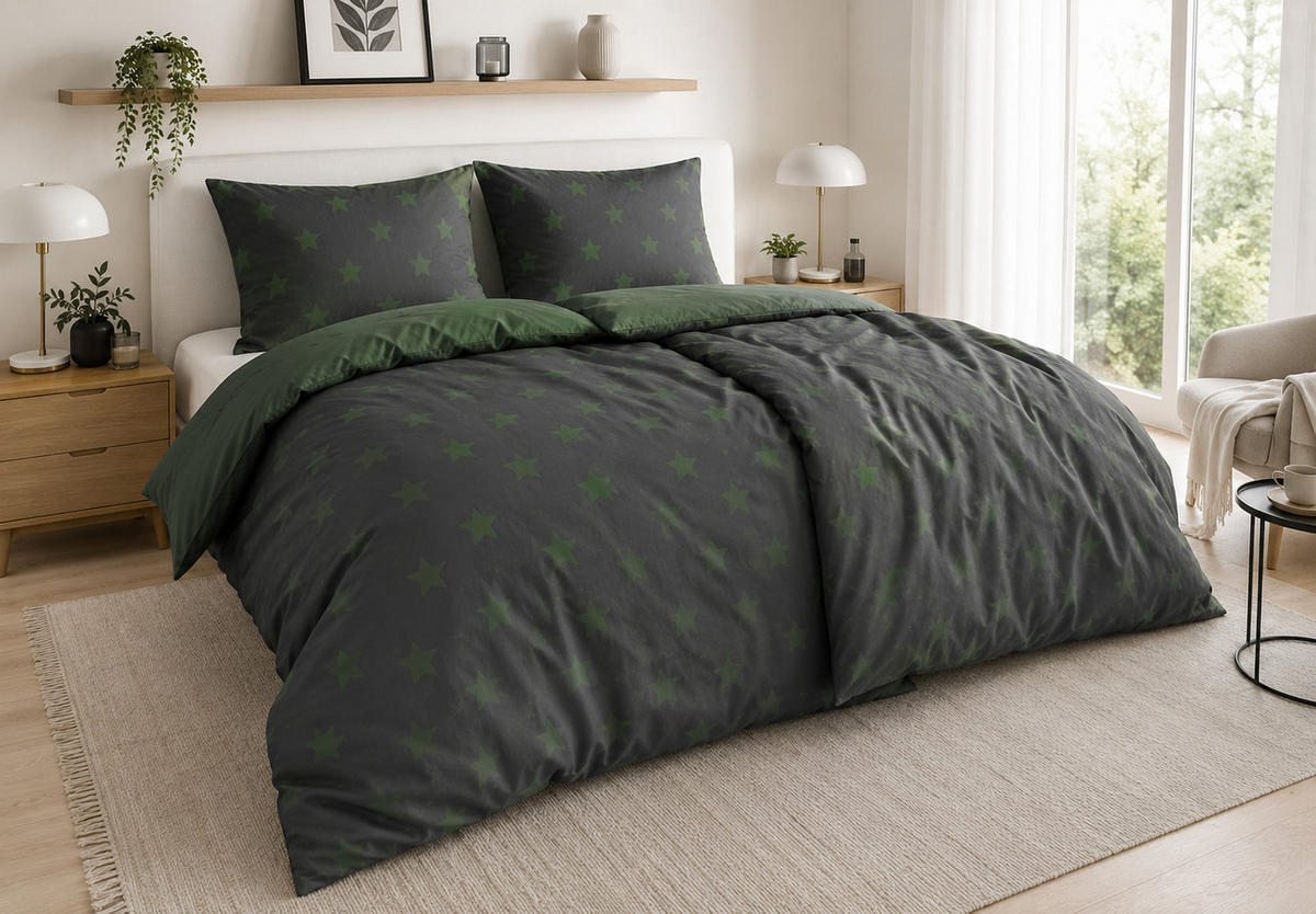 BETTWÄSCHE 2-teilig 135x200 cm + 40x80 cm Anthrazit mit grünen Sternen - Multicolor, Naturmaterialien (155/200cm) - Nesbel – Beauty & Ambiente