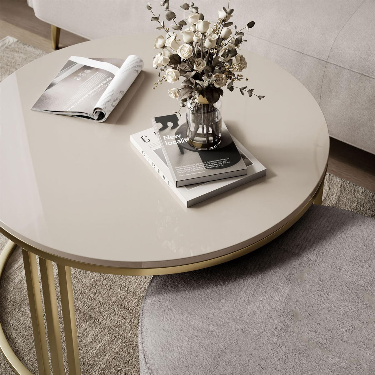 COUCHTISCH mit Hocker LORI Hochglanz gebürstetes Gold/glänzender Kaschmir/Perfect Harmony 82 - Kaschmir, Metall (70/70/49cm) - Lookway
