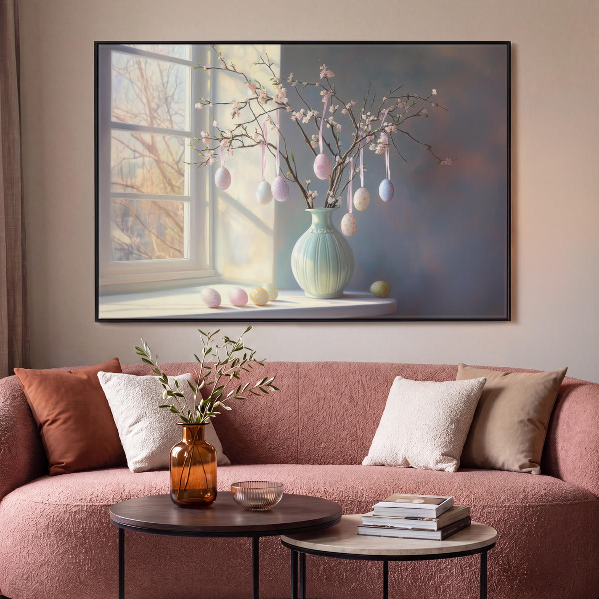 LEINWAND Bilder mit Rahmen - Stillleben - Vase - Osterzweig - 120x80 - Hellblau, Textil (120/80cm) - MuchoWow