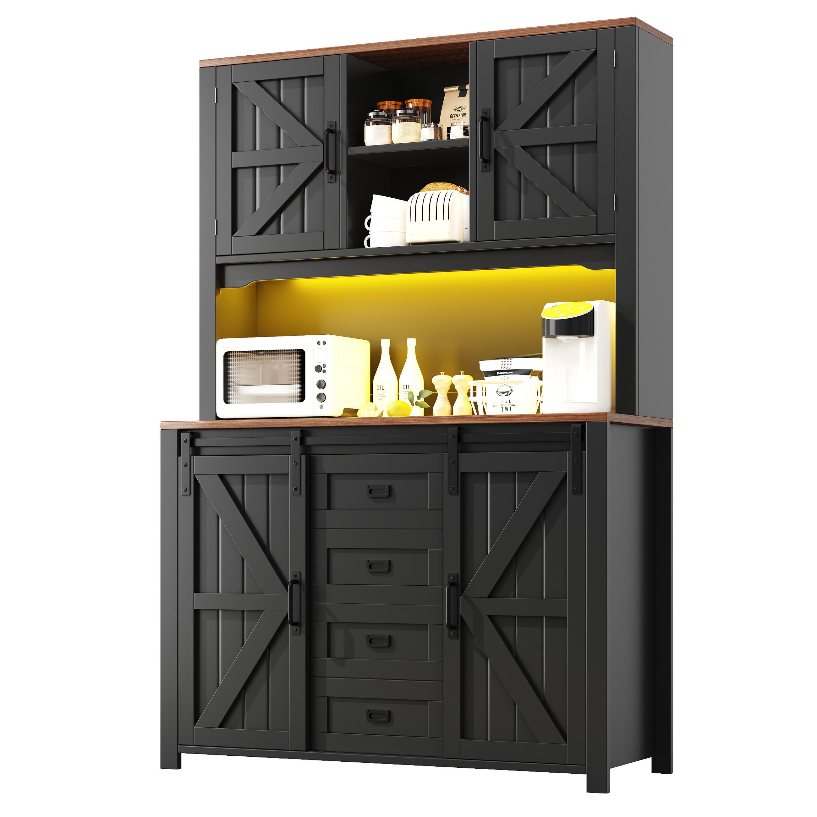 GESCHIRRSCHRANK aus MDF & Metall 115x40x174,7 cm in Schwarz mit LED - Schwarz, Holzwerkstoff (115/174.7/40cm) - Modfu