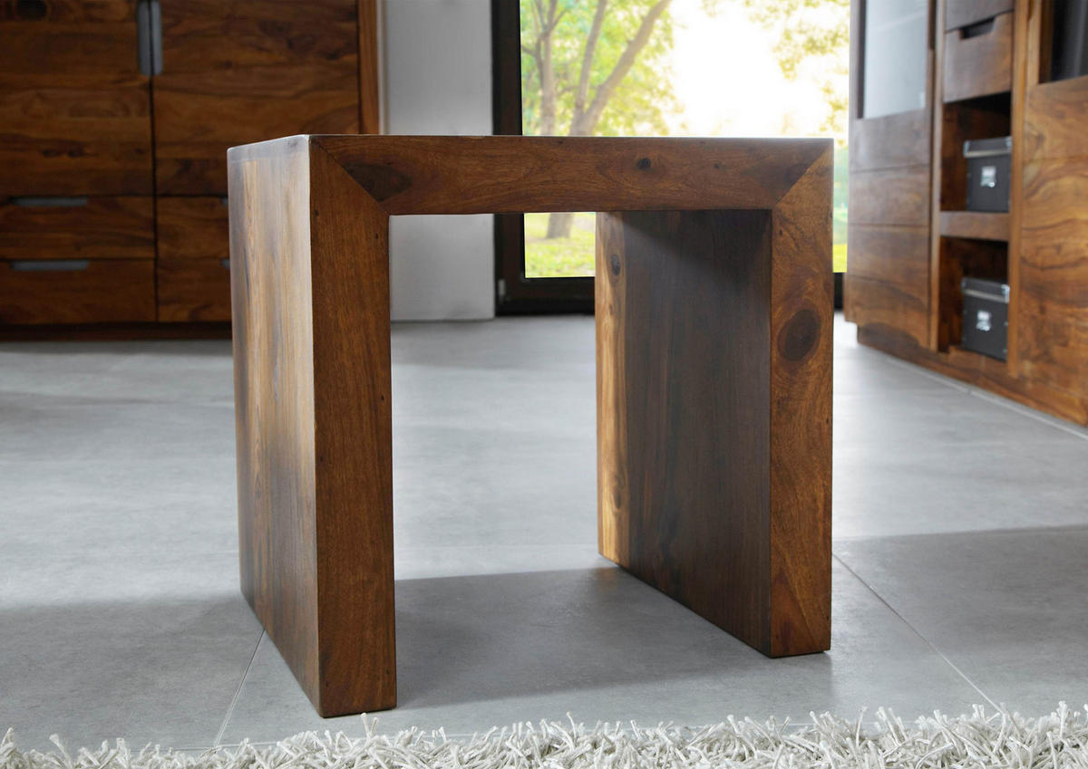 HOCKER Sheesham 45x40x40 walnuss lackiert DUKE #111 - Dunkelbraun, Holz (45/40/40cm) - Massivmoebel24