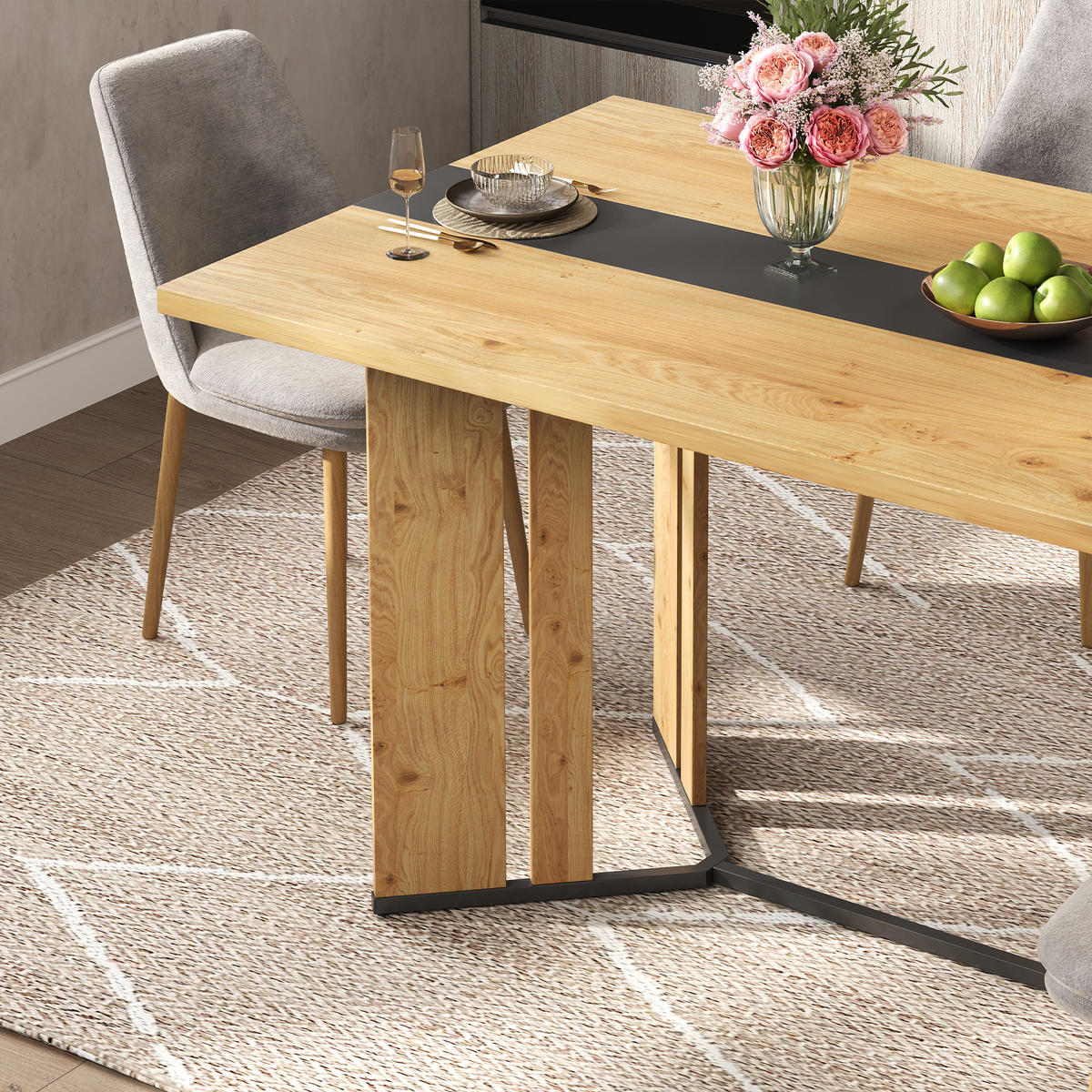 ESSTISCH 150x80x76 cm in skandinavischer Eiche aus MDF auf schwarzem Metallrahmen - Naturfarben, Holzwerkstoff (150/80/76cm) - Modfu