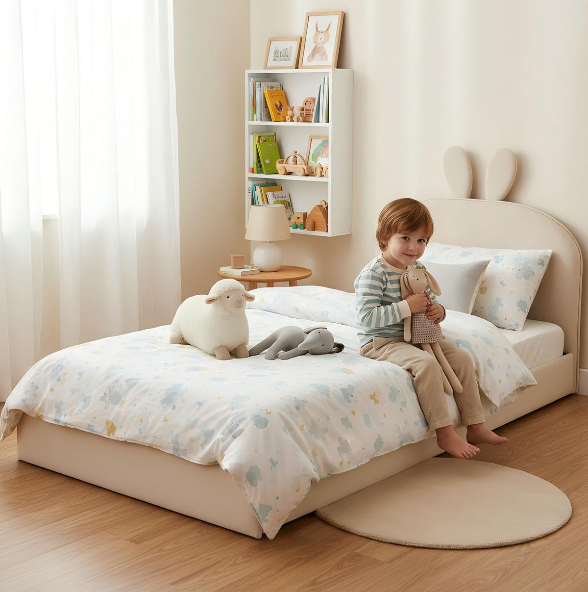 KINDERBETT 90/200 cm aus Samt mit Kaninchen-Kopfteil Beige - Beige, Textil (90/200cm) - Modenvie